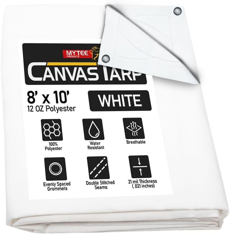 8' x 10' White Canvas Tarp 12oz - Water Resistant & Breathable - Heavy Duty Tarps - Multipurpose Tarpaulin Cover for Camping Tent