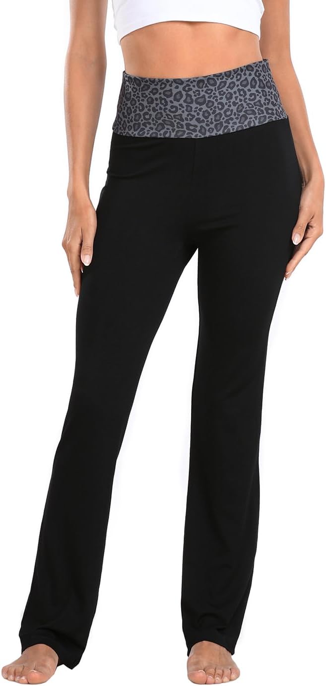 HDE Women's Color Block Fold Over Waist Yoga Pants Flare Leg Workout Leggings
