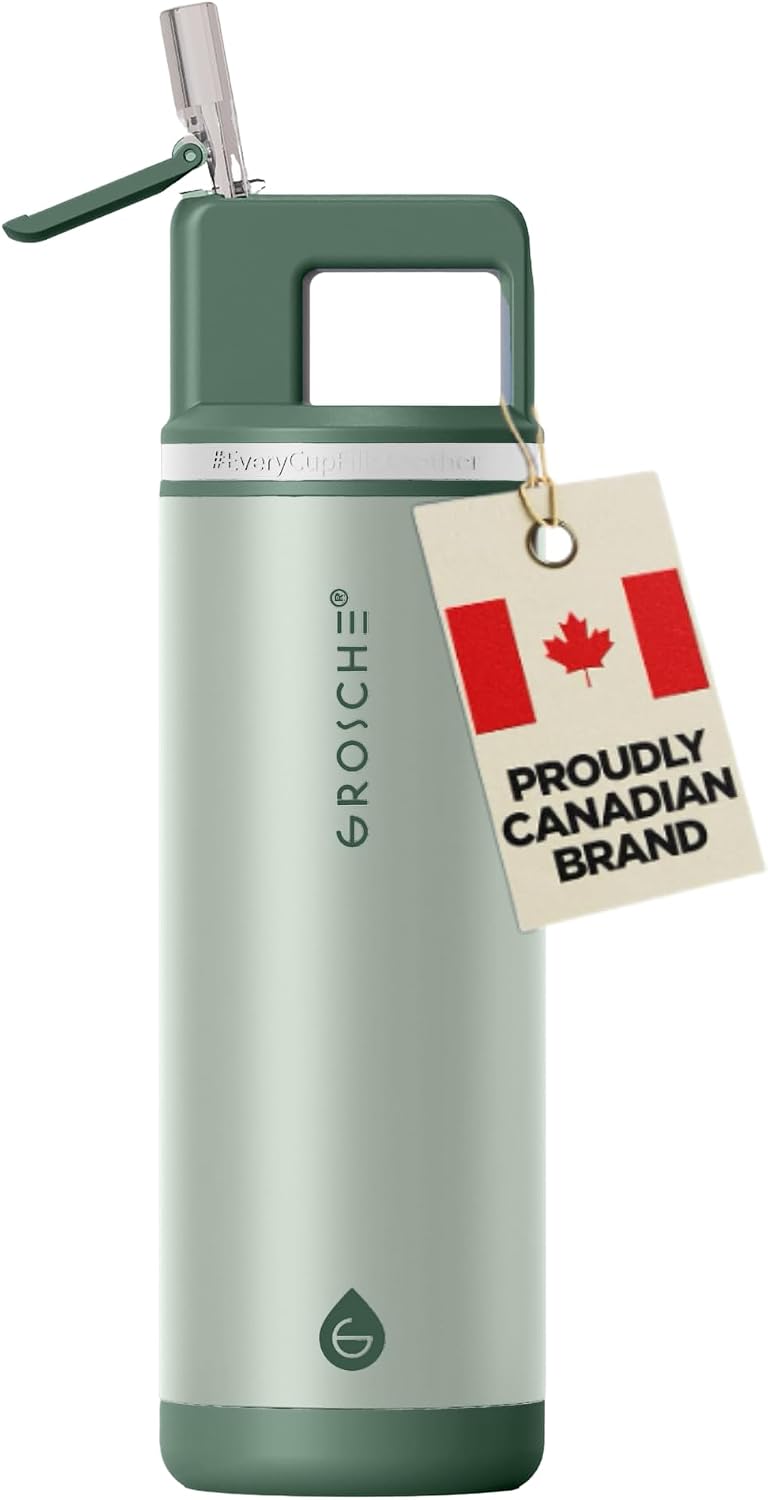 GROSCHE Alpine Shimmer Water Bottle with Straw Lid, Eucalyptus Green, 20 oz