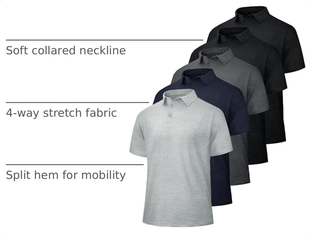 BOOJO 5 Pack Polo Shirts for Men - Quick Dry Moisture Wicking Performance Short Sleeve Mens Golf Shirts for Work Athletic