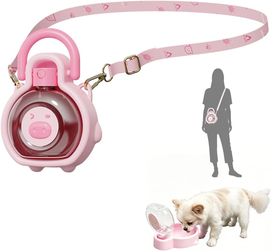 2-in-1 Crossbody Portable Dog Water Bottle with Foldable Bowl Base, 13.5oz, Adjustable Water Flow, Ideal for Small & Medium Dogs on Daily Walks and Pet Trips （Pink）