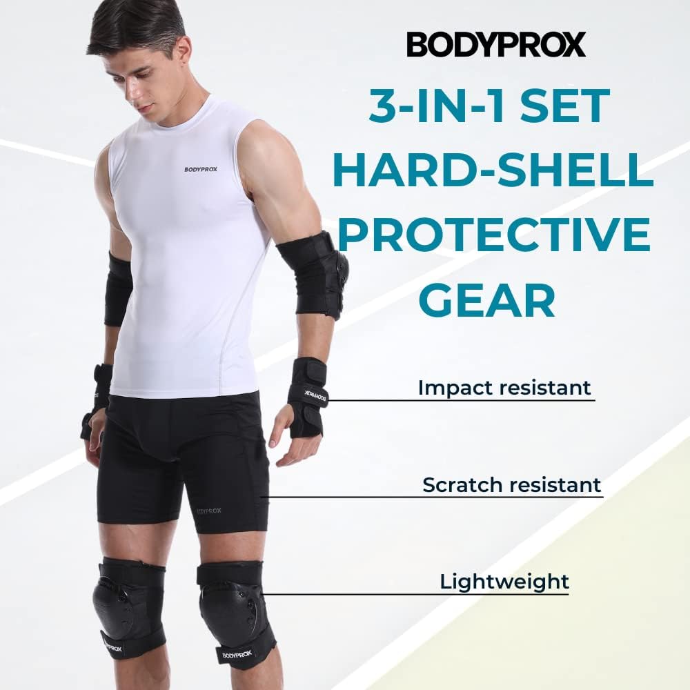 BODYPROX Knee Pads Elbow Pads Wrist Guards Set for Inline Skating, Skateboarding, Roller Derby and BMX Ride.