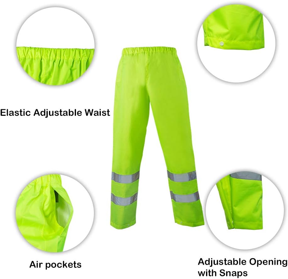 FONIRRA Class 3 High Visibility Rain Suit With Collapsible Hood Lime Reflective Safety Waterproof Worker Jacket & Pants (L/XL Yellow)