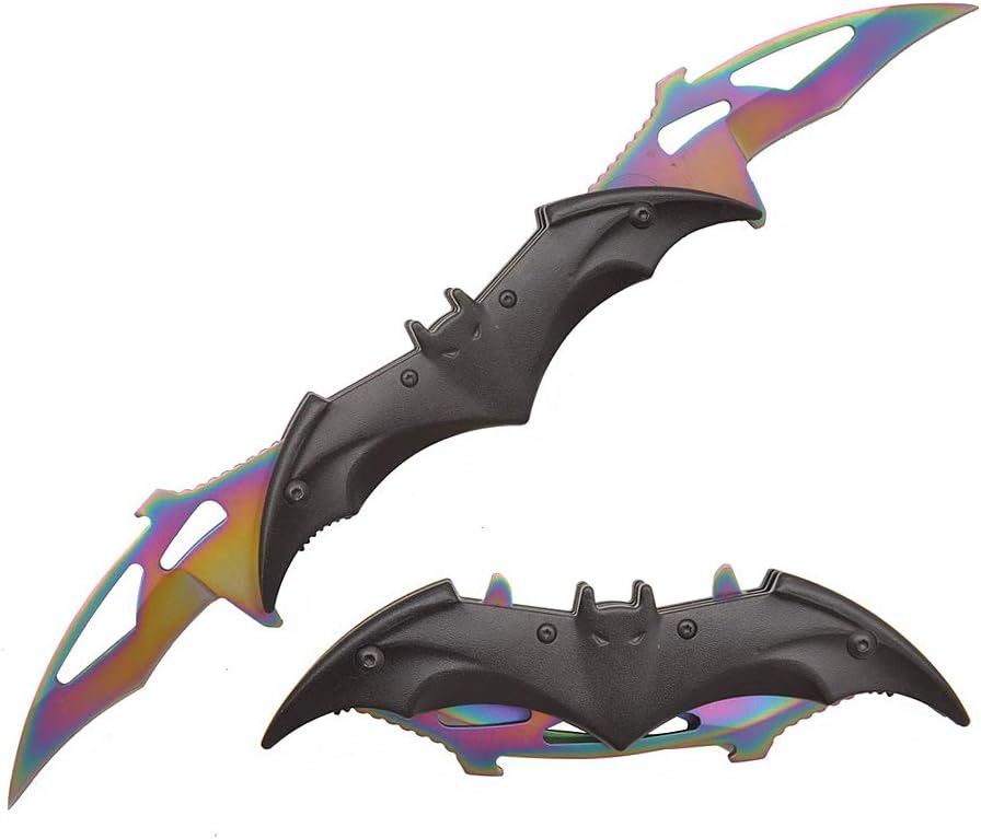 Bat Knife Twin Blade - Pocket Folding Spring Assisted Dual Blades Knives With Belt Clip Rainbow, Red, Black, Gold And Silver (total black-black)