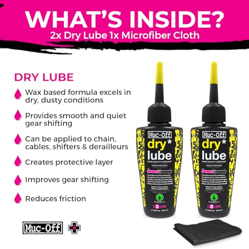 Muc-Off Bio Dry Bike Chain Lube 50ml (Pack of 2) Wax-Based Formula for Smooth Gear Shifts | Creates Protective Layer and Reduces Friction | Pipette System for Easy Application