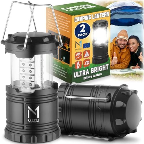 Mata1-USA LED Camping Lanterns (Black, 2 Pack), Emergency Lights for Power Outages, Long-Lasting Battery-Powered Lights w/ 3 Adjustable Brightness Levels, Collapsible Lamps for Indoor & Outdoor Use