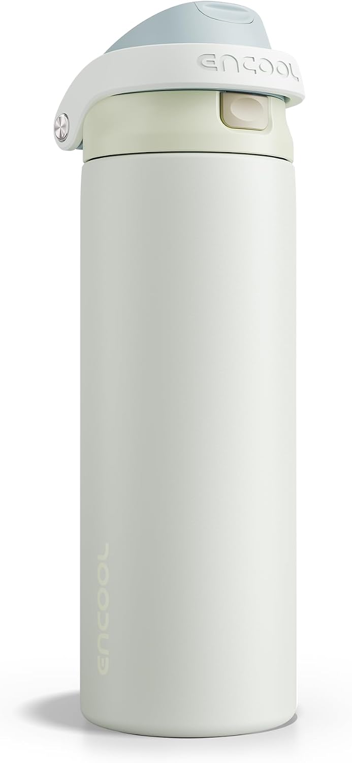 ENCOOL Leakproof Insulated Water Bottle with Straw Dual-Sip Water Bottle Bag-Safe Design for Work, Commute & Gym – Keeps Drinks Cold All Day, 24 oz, Cloud-Hill White