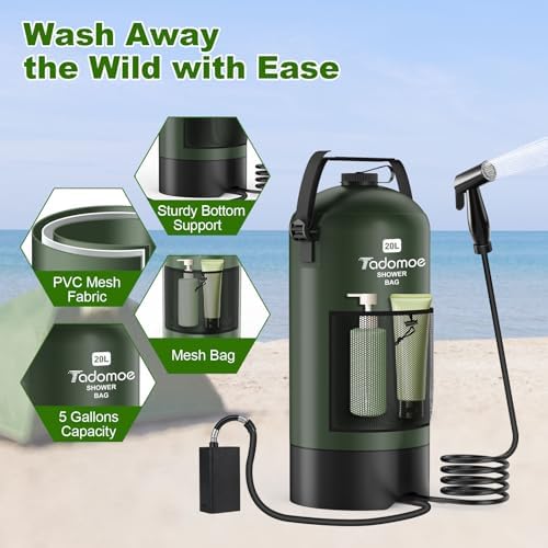 Portable Camping Shower with Battery Powered Pump, 5 Gal/20L Solar Heated Camp Shower Bag, 3-Mode Shower Head & Travel Case for Outdoor Camping, Beach Rinse & Dogs