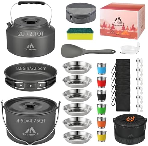 THTYBROS 43-Piece Camping Cookware Set,Large Mess Kit for 6 Persons,with 4.75QT Pot,2.1QT Kettle,Frying Pan,Cups,Utensils and Tableware,Heavy Duty Aluminum Cook Set for Outdoor Camping,Hiking,Picnic