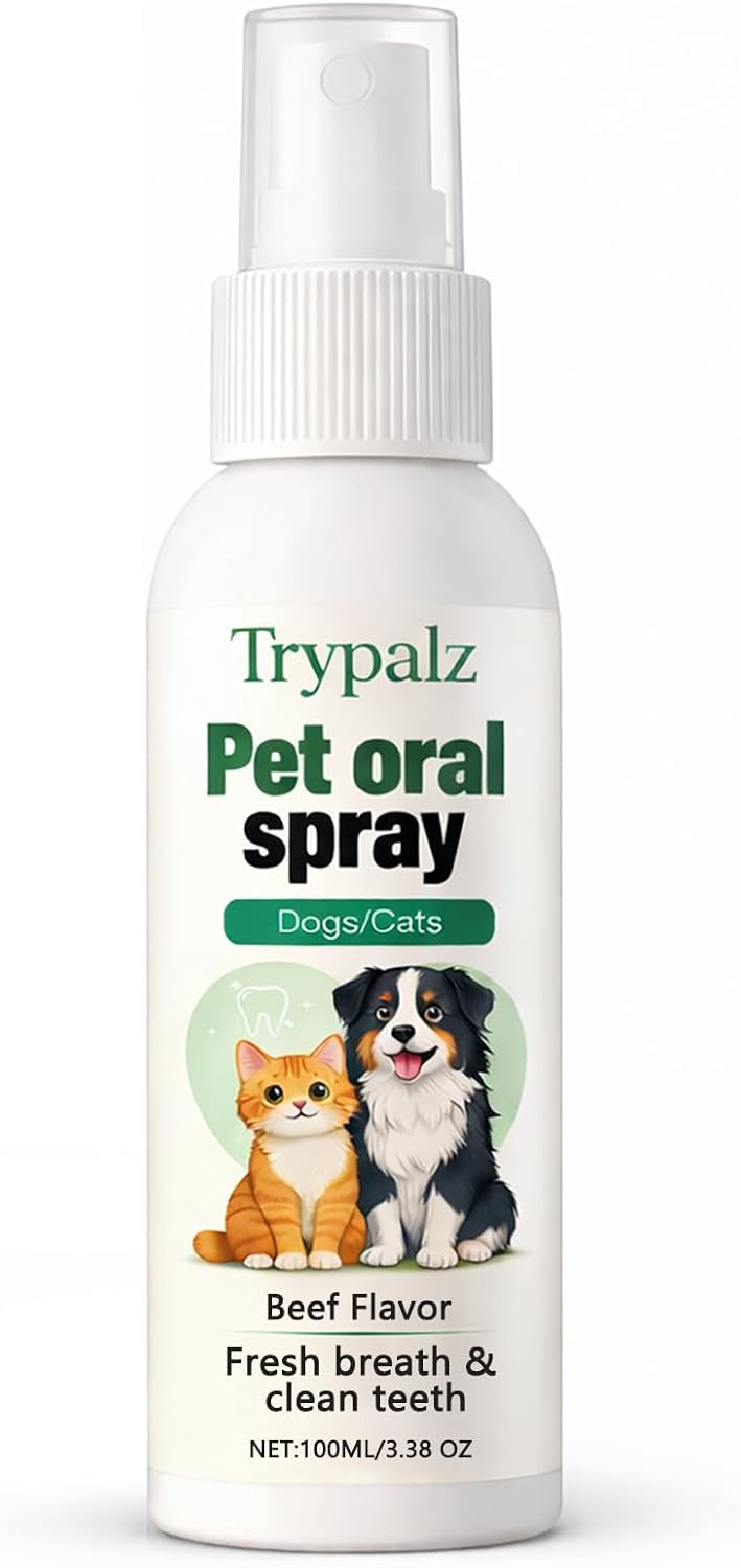 Halpilt Pet Oral Tartar Remover Spray, Trypalz Spray for Dogs & Cat, Plaque & Tartar Remover, Supports Fresh Breath & Clean Teeth, Eliminates Bad Breath for Healthy Gums, Beef Flavor (1)