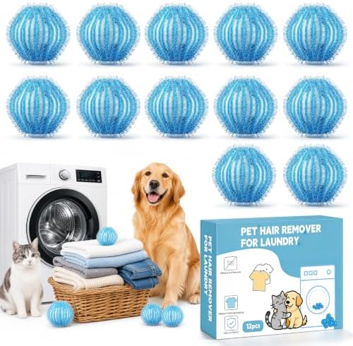 12Pcs Pet Hair Remover for Laundry, Washing Machine Hair Collector & Pet Hair Removal Tool, Reusable Dog & Cat Hair Catcher for Clothes, Bedding & Blankets