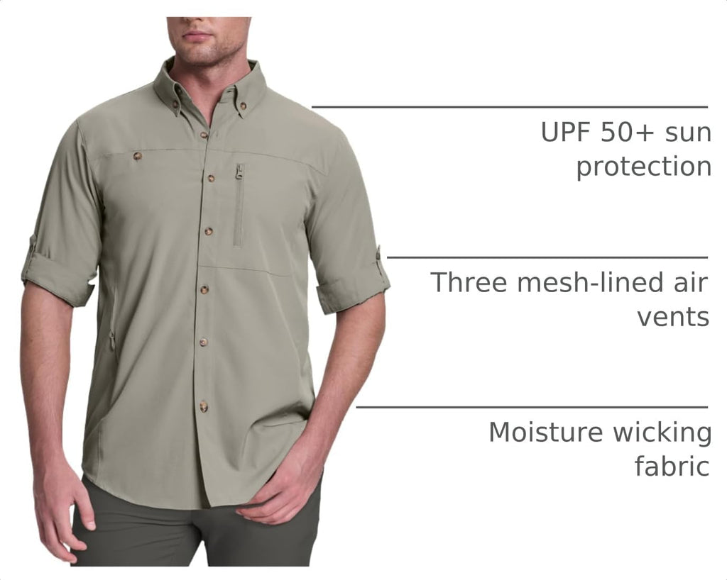 33,000ft Men's UPF 50+ UV Protection Long Sleeve Hiking Shirts Breathable Quick Dry Fishing Shirts for Safari, Outdoor