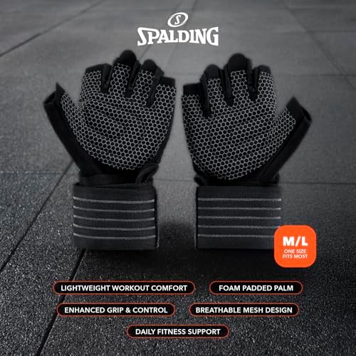 Spalding - Gym Gloves, Workout Gloves with Foam Padded Palm for Grip, Lightweight Breathable, One Size Fitness Training Gloves for Weightlifting Exercise (Black)