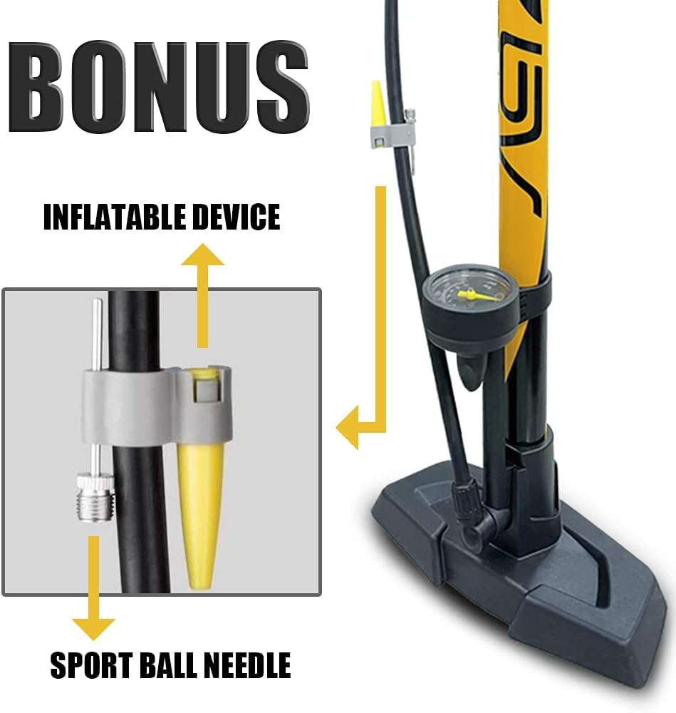 BV Bicycle Pump Durable Bike Floor Pump 17/24 inch Smart Valve Head, 160 psi, Automatically Reversible Presta and Schrader