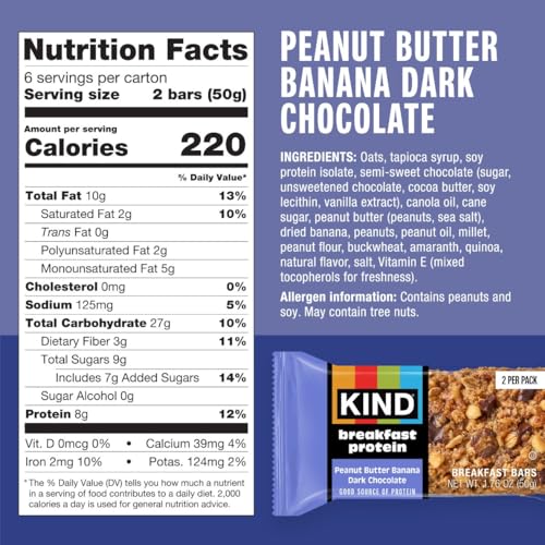 KIND Breakfast Protein Bars, Peanut Butter Banana Dark Chocolate, Gluten Free, Low Sodium, Healthy Snacks, 8g Protein, 30 Count (30 Packs of 2 Bars)