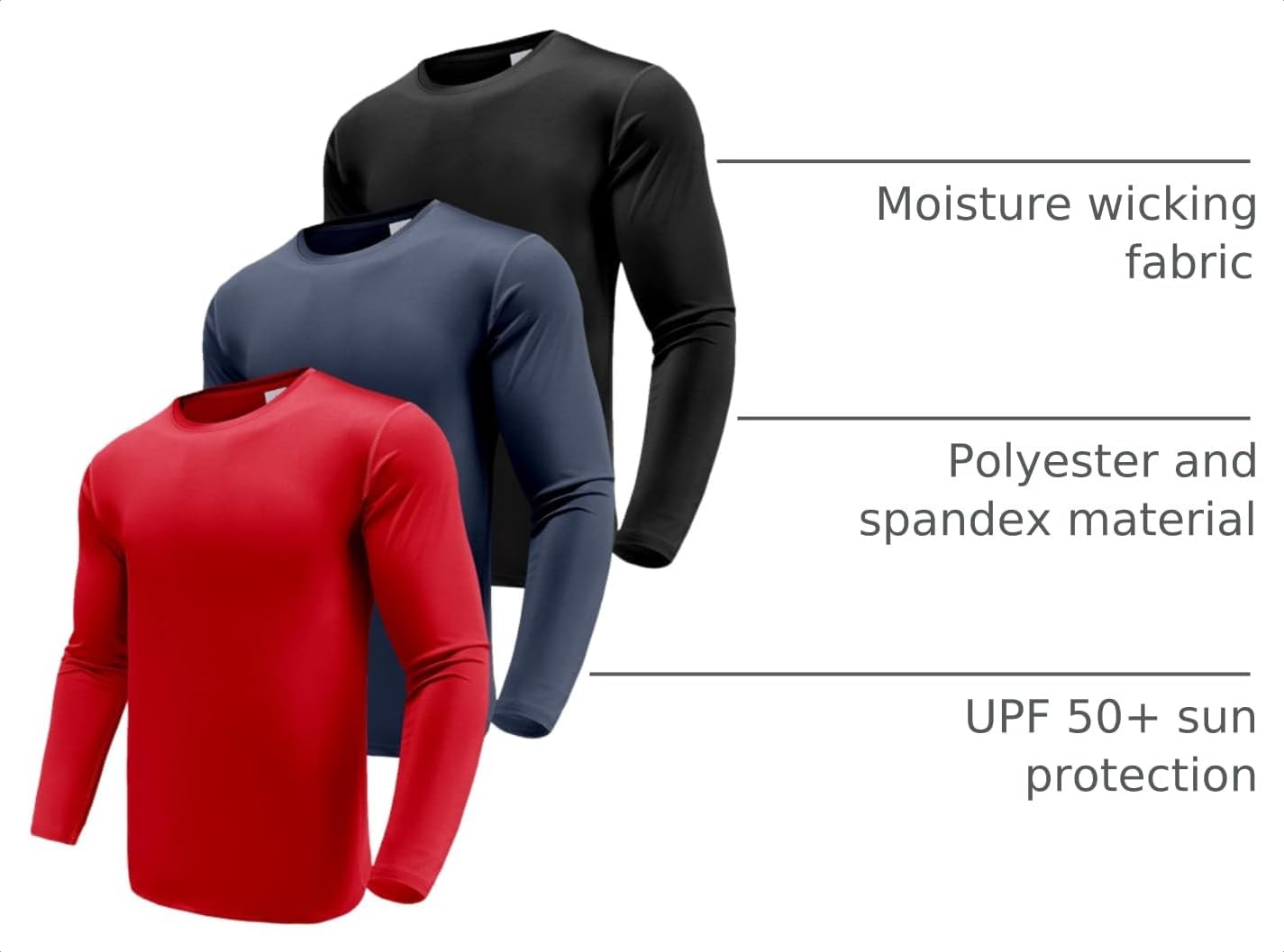 Men's 1, 3 or 5 Pack Performance Long Sleeve T-Shirts, UPF 50+ Sun Protection Shirts, Athletic Gym Workout Shirts for Running