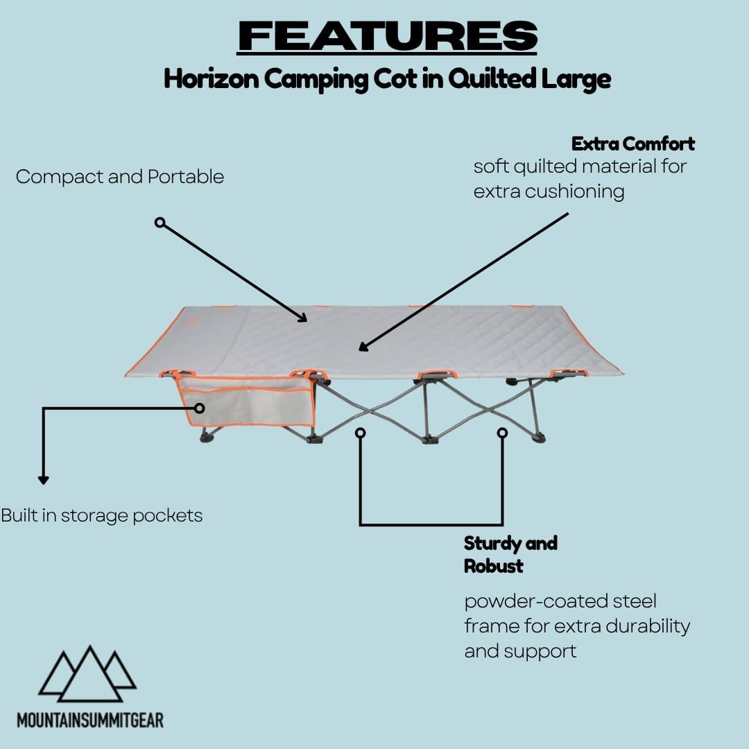 MOUNTAIN SUMMIT GEAR Horizon Camping Cot in Quilted Large or EZ Setup, 300 lb Capacity, Easy Fold Steel Frame with Carry Bag
