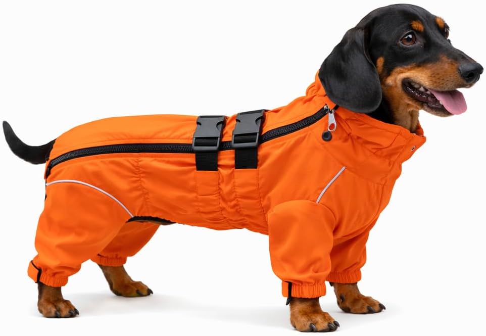 Lovelonglong Waterproof Dog Raincoat – 4-Leg Full Body Dog Rain Suit with Reflective Strips & Leash Opening, Outdoor Dog Jacket for Rainy Weather