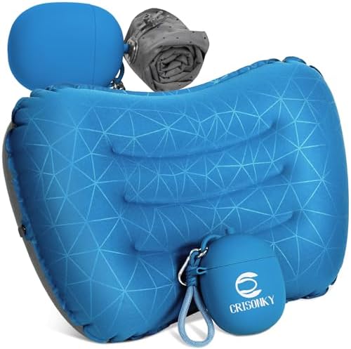 Crisonky Camping Pillow, Inflatable Pillow with 2-in-1 Air Pump Storage Bag