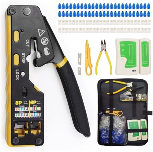 All-in-One RJ45 Crimp Tool Kit with Tester and Carrying Case, Pass Through Ethernet Crimper for Cat5 Cat5e Cat6, RJ11 RJ12 6P/8P, 50 Connectors and 50 Boots