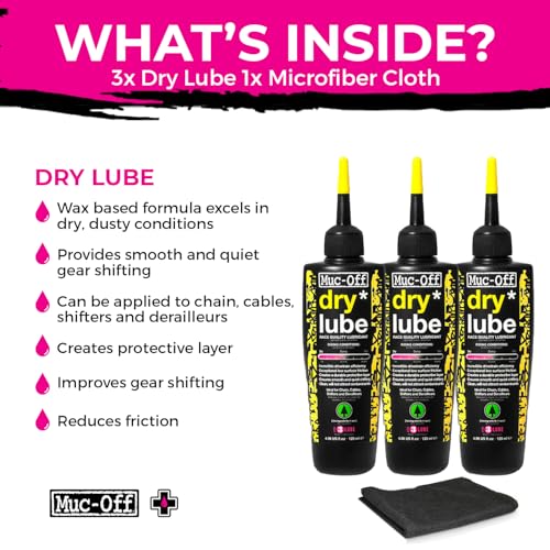 Muc-Off Bio Dry Bike Chain Lube 120ml (Pack of 3) Wax-Based Formula for Smooth Gear Shifts | Creates Protective Layer and Reduces Friction | Pipette System for Easy Application