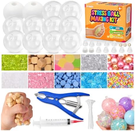 RYOXZEL DIY Stress Ball Making Kit, 12pcs Squishy TPR Ball Skins with 1lb Fillers, Make Your Own Squishies Set, Air Pump & Expander Tool Ties, Fidget Sensory Craft Kit for Stress Relief