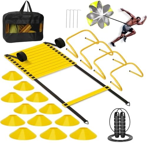 Agility Ladder, Soccer Training Equipment Set, 4 Agility Hurdles, 20ft Speed Ladder, Running Parachute, 12 Football Cones, Jump Rope | Soccer Basketball Athletes Speed Training