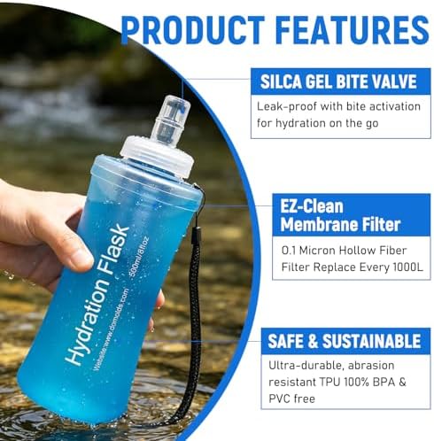 1L Collapsible Water Bottle with Filter for Hiking Backpacking(Blue)