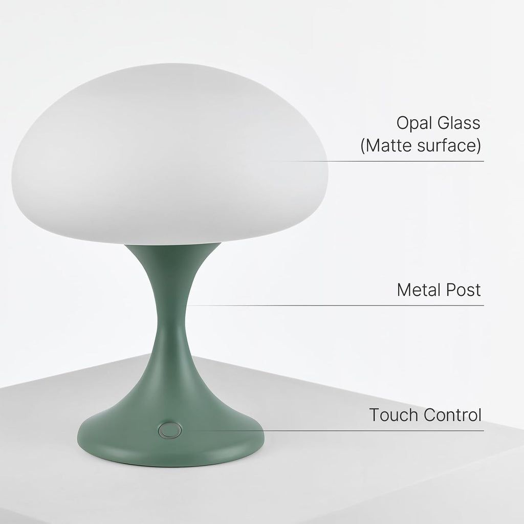 MAGCHARM Mushroom Lamp, 5W LED Cordless Rechargeable Table Lamp with Glass Shade, Small Retro Dimmable Touch Light with 3 Color Temps, Aesthetic Mid Century Bedside Light for Bedroom Ambient, Green