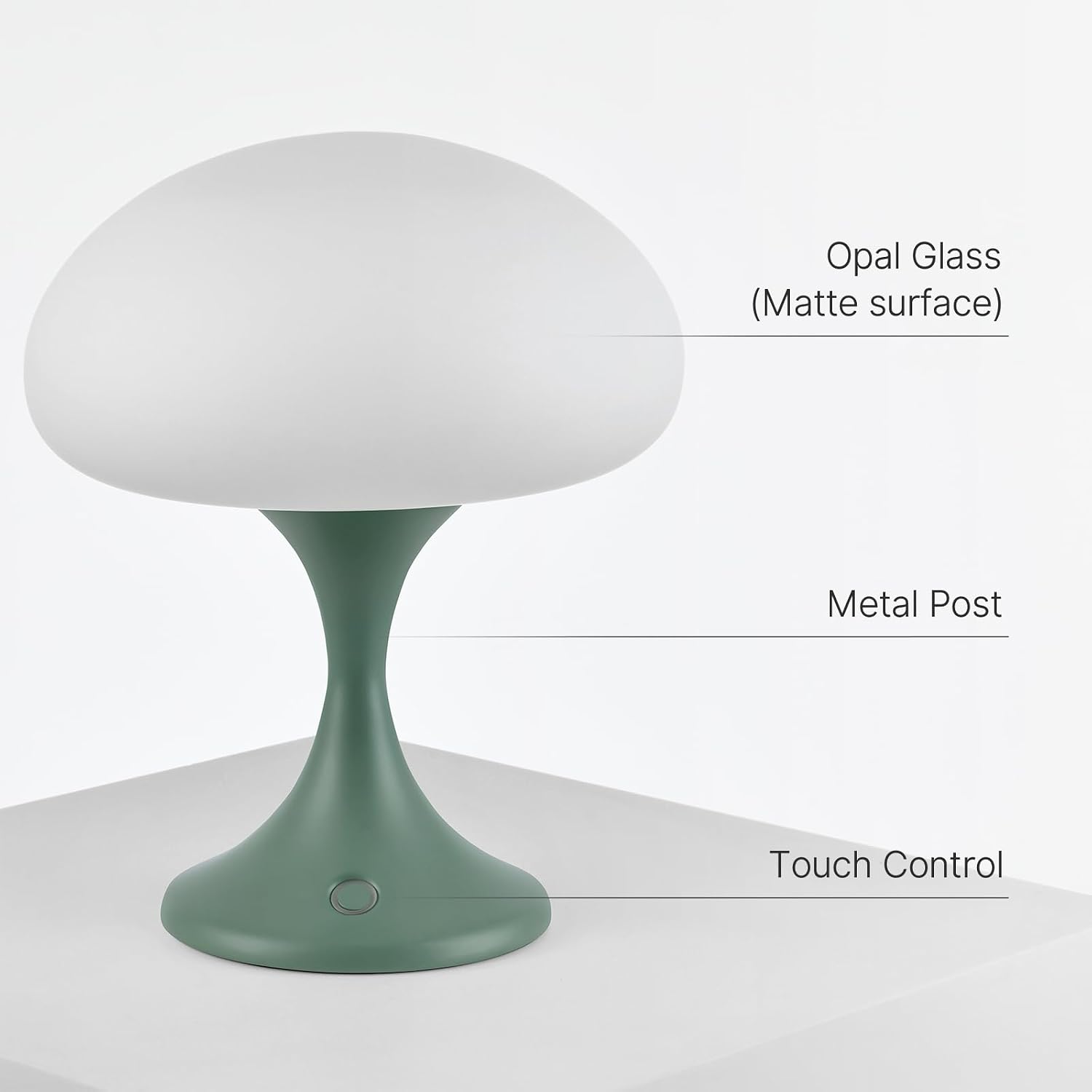 MAGCHARM Mushroom Lamp, 5W LED Cordless Rechargeable Table Lamp with Glass Shade, Small Retro Dimmable Touch Light with 3 Color Temps, Aesthetic Mid Century Bedside Light for Bedroom Ambient, Green