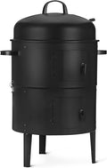 Amazon Basics 16 inch Vertical Charcoal Outdoor Smoker, BBQ Grill, with Built-in Thermometer, 2-Layer Design, Adjustable Air Supply Control, Black