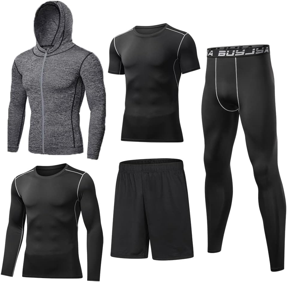 BUYJYA 5Pcs Men's Compression Pants Shirt Top Long Sleeve Jacket Athletic Sets Gym Clothing Mens Workout