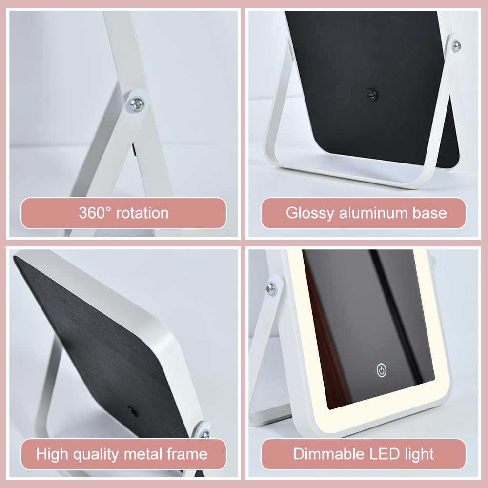 YEKKOPT Rechargeable Vanity Mirror with Lights,Desk Makeup Mirror with Lights,Portable Travel for Makeup Desk ＆ Dressing Room,3 Color Lighting, Dimmable Touch Screen
