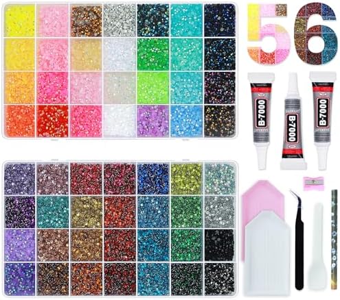 56 Colors Rhinestones for Bedazzling, 2 Boxes 3mm Multicolor Resin Jelly Flatback Gems with 3 Pcs B7000 Jewelry Glue & Tools, Bedazzler Kit for DIY Crafts Book Clothes Makeup Shoes Gifts Decor