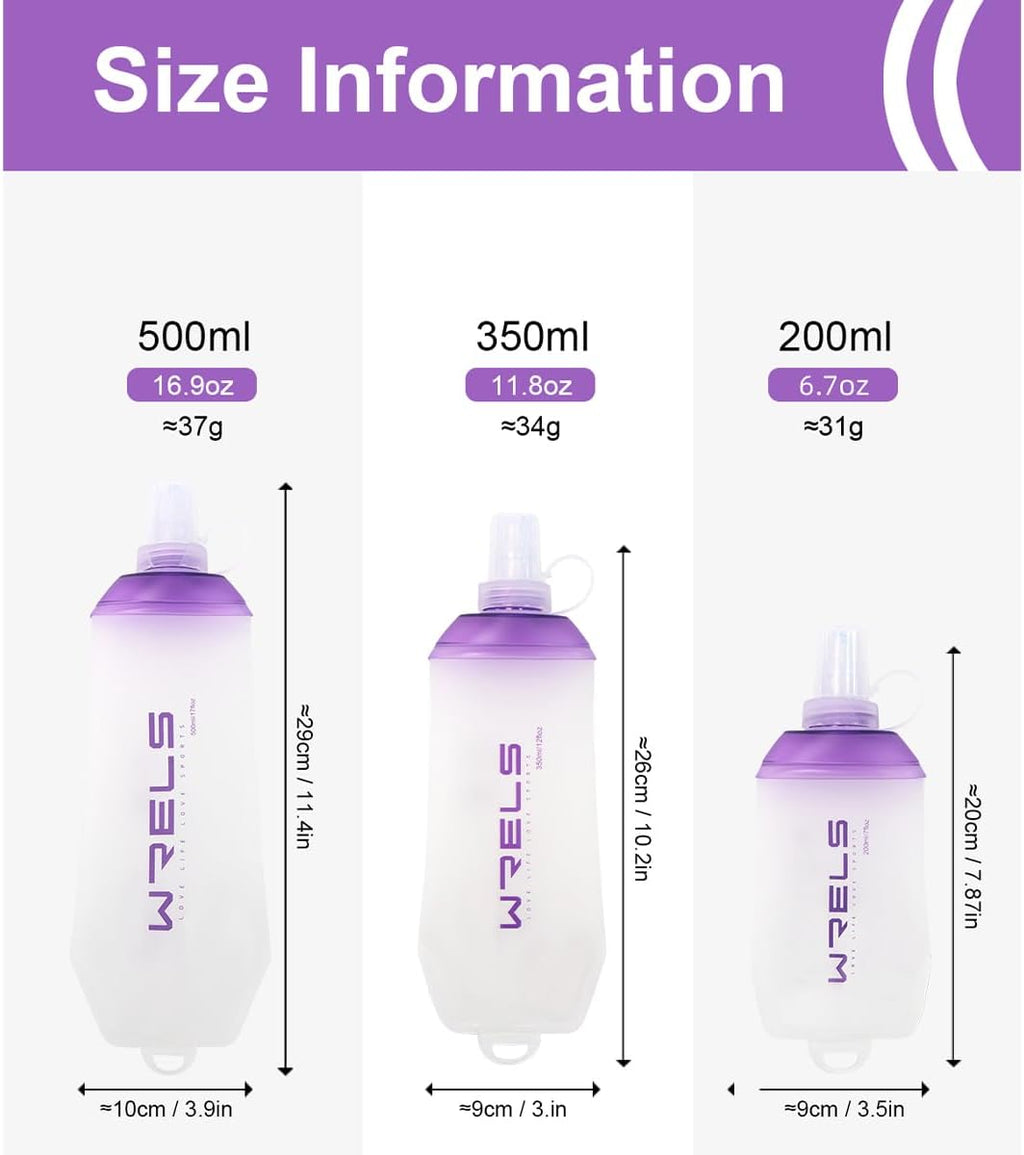 WRELS 200ml/350ml/500ml Collapsible Soft Flask,BPA Free Folding Soft Water Bottle with Hanging Ring,Lightweight TPU Hydration Flask for Running Marathon Cycling Hiking(350ml-2 Packs)