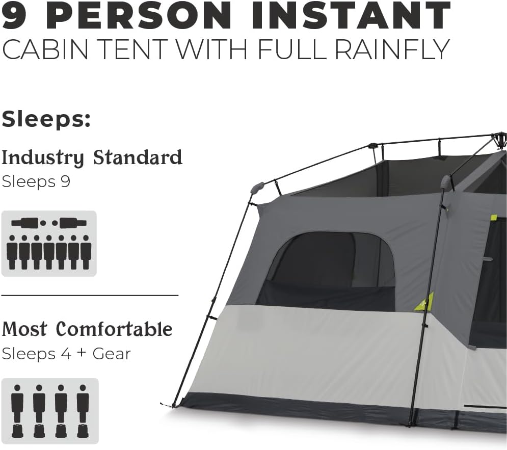 CORE Instant Cabin Tents | Family Cabin Multi Room Pop Up Tents Car Camping | Included Storage Pockets for Camping Accessories