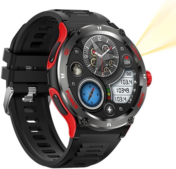KT76 Outdoor Sport Smart Watch 1.53-inch HD Touch Screen 3ATM Waterproof Multifunction Smartwatch Ultra Powerful Flashlight Compass Heart & Health Monitoring Voice Assistant (Red)