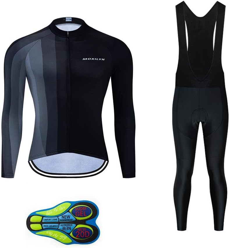 MOXILYN Cycling Jerseys Men Set Bike Clothing for Men Long Sleeve Bike Jacket and Cycling Bibs Pants with 20D Gel Pad