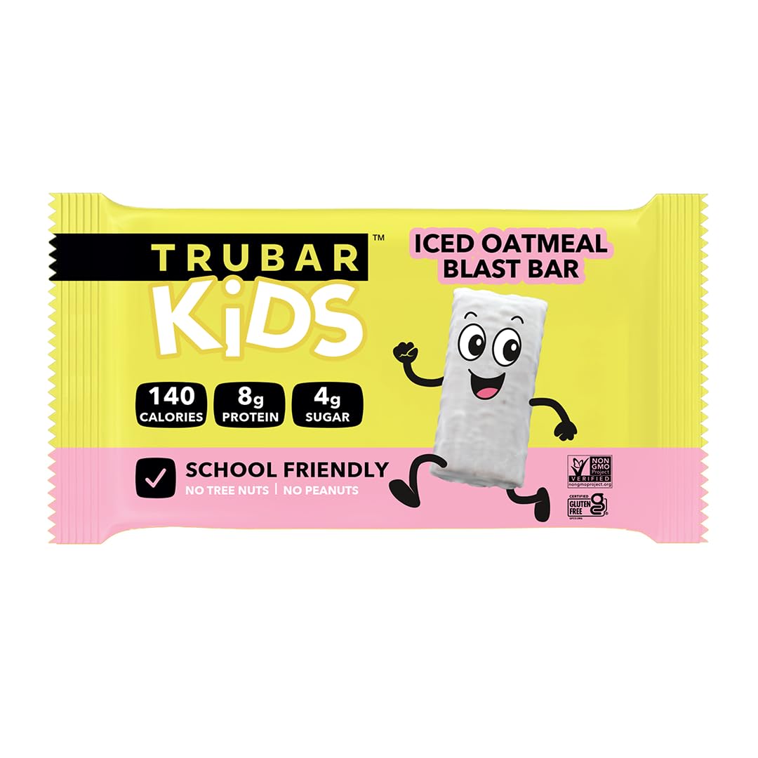 TRUBAR Kids Protein Bars, Iced Oatmeal Blast, Plant Based Protein, Gluten Free School-Friendly Snacks for Lunchboxes, Tree Nut and Peanut Free, Low Sugar, Healthy On the Go Snack Bars, 12 Count