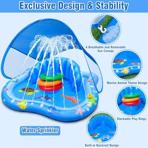 Baby Play Mat with Sprinkler, Pool Floats with Canopy for Age 6-36 Months | Inflatable Kiddie Pool with Backrest & Stackable Rings Water Sprinkler for Kids Outdoor Water Play Toys,Backyard Water Games