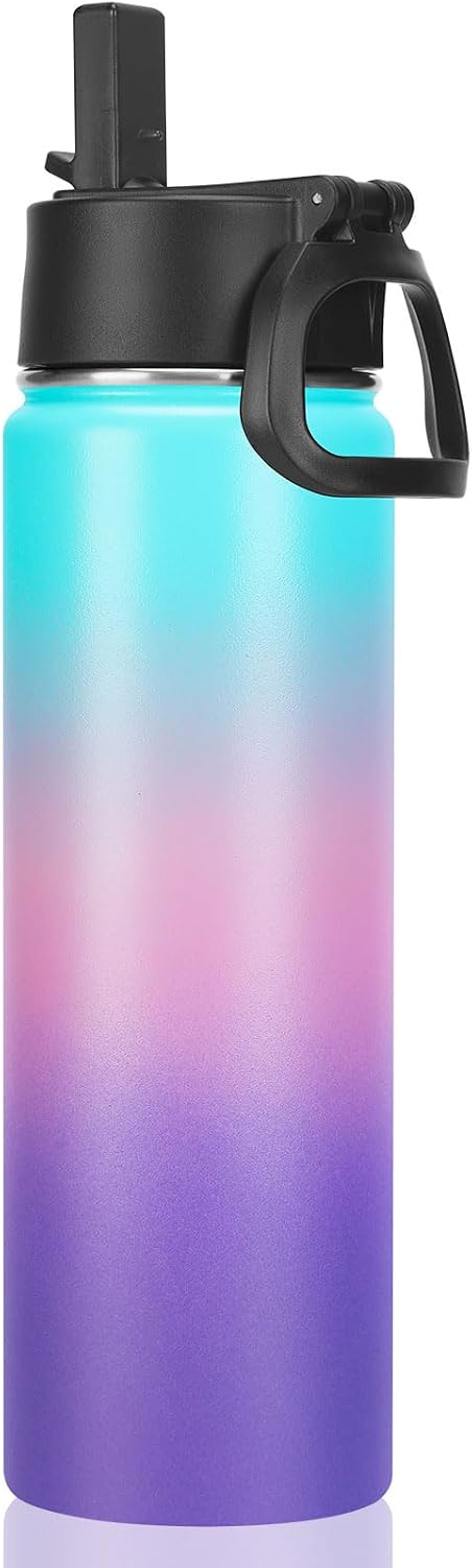 Neihepal 22 oz Insulated Water Bottle with Straw Lid, Double Walled Vacuum Stainless Steel Water Bottles Leak Proof, Wide Mouth (Gradient Color,1 Pack)