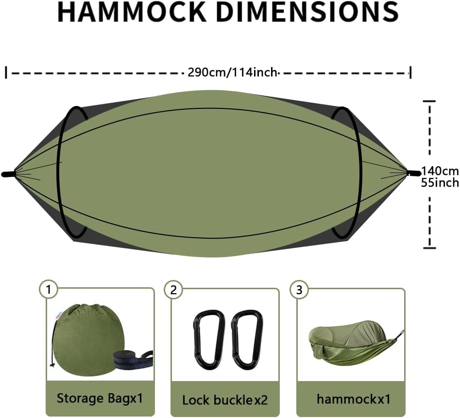 Camping Hammock with Mosquito Net - Double & Single Portable Hammocks with 2 Tree Straps, Lightweight Hammock Tent for Outdoor Camping, Hiking, Backpacking, Beach & Backyard (Army Green)