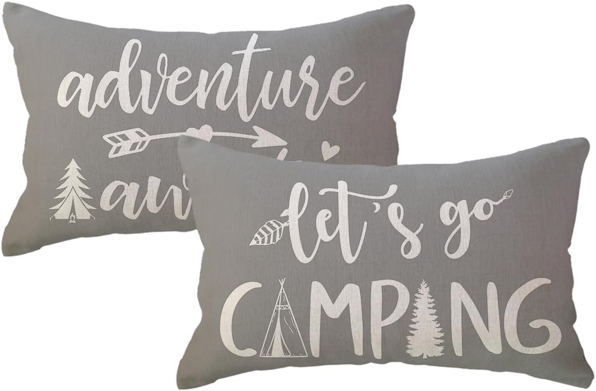 ULOVE LOVE YOURSELF Adventure Camper Decorative Lumbar Pillowcase Double-Sided Let’s Go Camping/Adventure Awaits Throw Pillow Covers Cabin/Camper Cushion Covers 12x20,2Pack for Sofa/Couch/Porch(Grey)