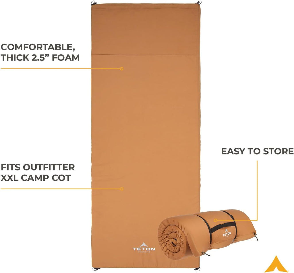 Teton Outfitter XXL Sleeping Pad for Cot, Extra Thick Comfortable Camping Mattress for Adults, Portable Roll-Up Camp Pad, Durable Foam Cushioning
