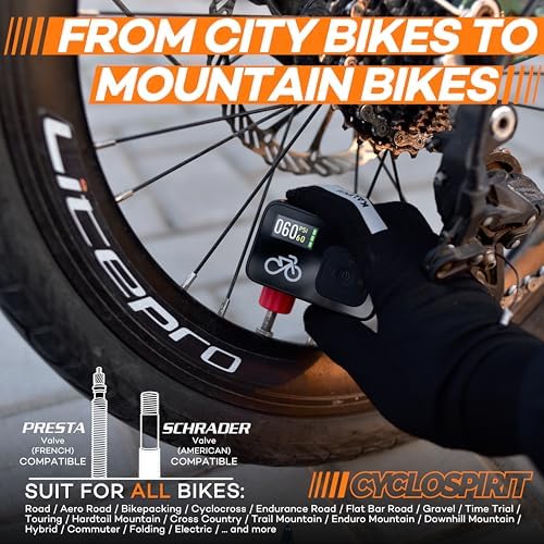 CycloSpirit Mini Electric Bike Pump with Digital Gauge, 120 PSI, Auto Shutoff at the Selected Pressure, USB-C, Presta & Schrader Compatible