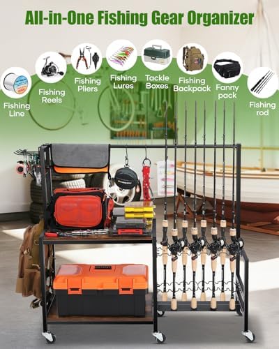 EXTCCT Fishing Rod Holder, Rolling 16 Pole Rack Cart for Garage, Brown
