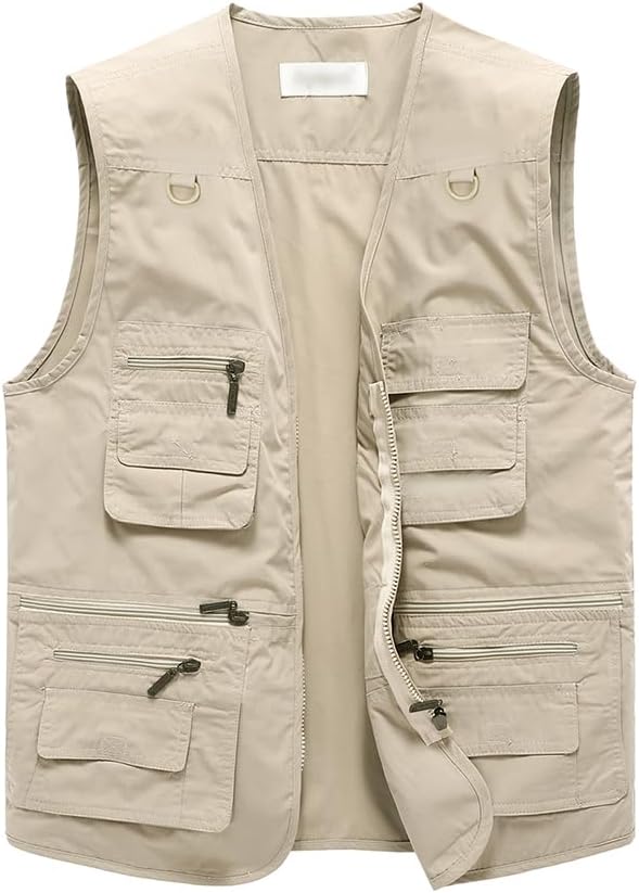 Hbufnha Men's Casual Safari Travel Vest 16 Pockets Outdoor Work Vest Sleeveless Jacket Fishing Hiking Photograph