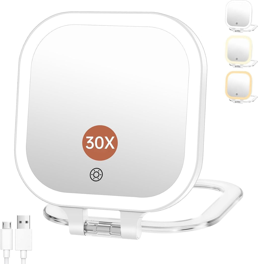 FASCINATE 7" Rechargeable Travel Makeup Mirror 30X Magnification (White)