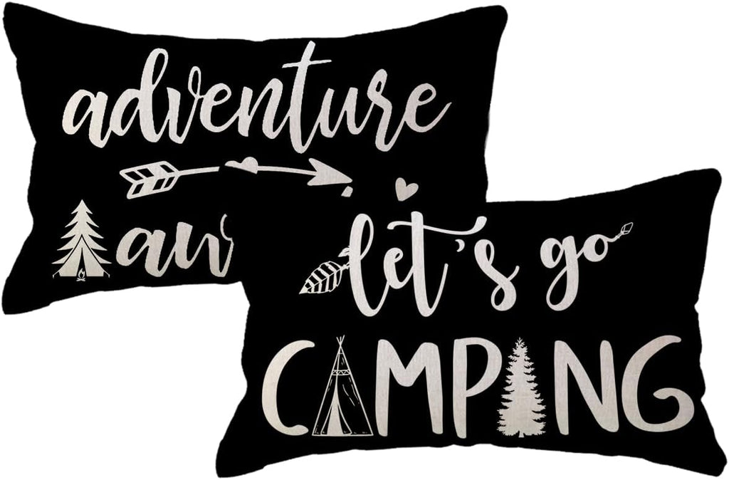 Adventure Camper Decorative Lumbar Pillowcase Double-sided Let’s Go Camping/Adventure Awaits Throw Pillow Covers Cabin/Camper Cushion Covers 12x20,2Pack for Sofa/Couch/Porch (Black)