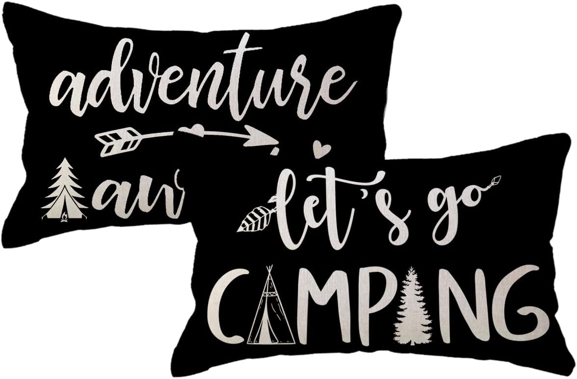 Adventure Camper Decorative Lumbar Pillowcase Double-sided Let’s Go Camping/Adventure Awaits Throw Pillow Covers Cabin/Camper Cushion Covers 12x20,2Pack for Sofa/Couch/Porch (Black)